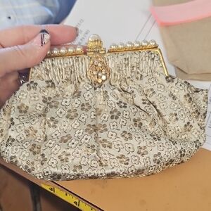 Gold Floral Brocade Evening Clutch with Pearl Frame